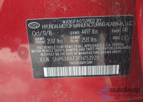 2019 Hyundai Sonata Se z USA, uszkodzony, nr VIN 5NPE24AF2KH753920